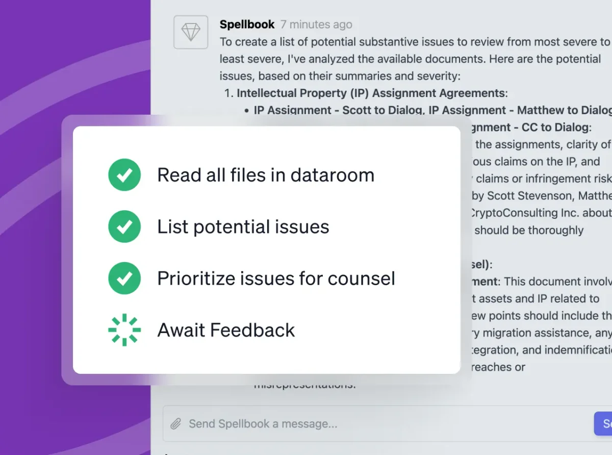 Spellbook AI assistant workspace displaying a progress card with green checkmarks for completed legal analysis tasks and a 'Await Feedback' spinner, set against a dark purple background.