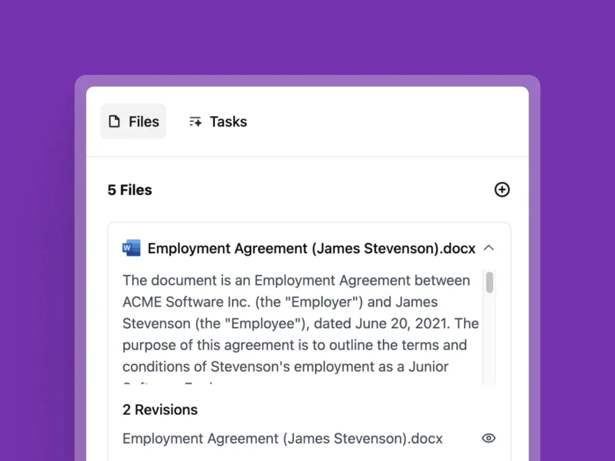 spellbook document management UI displaying a file list with an expanded employment agreement document preview and revision history in a clean interface.