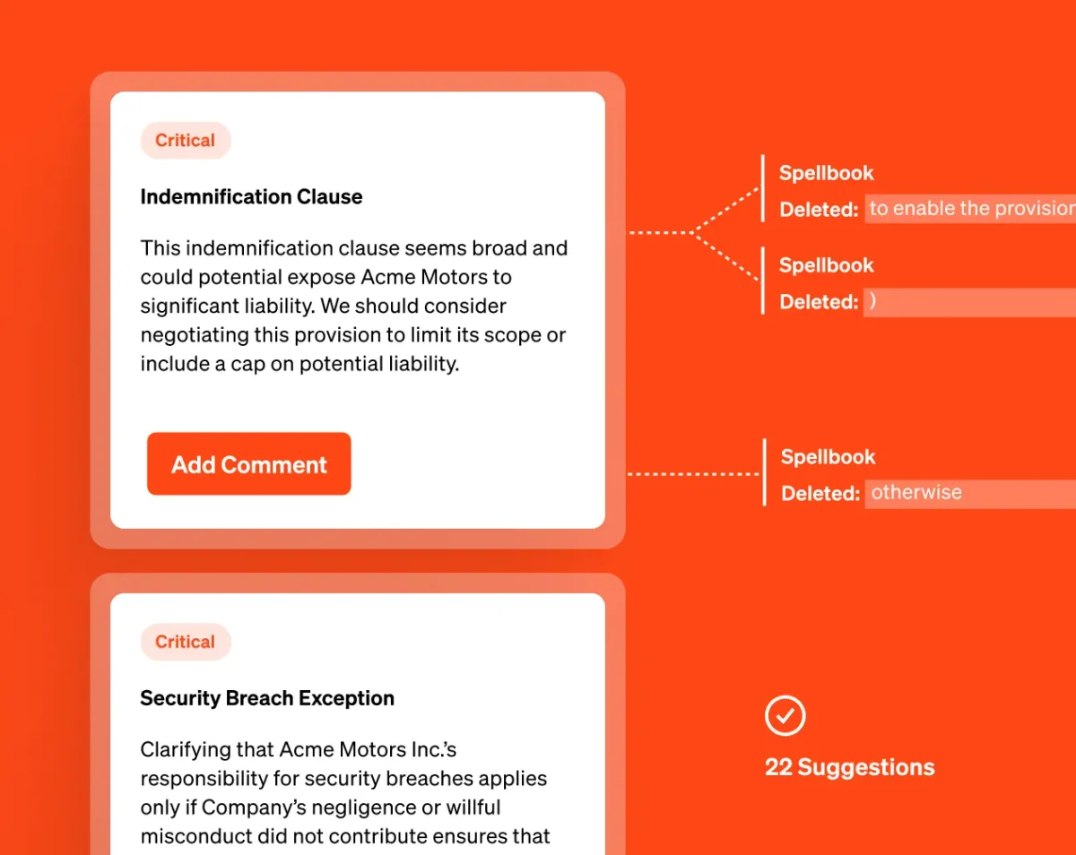 Spellbook legal AI workspace showing critical clause analysis and AI-suggested deletions in a modern, clean interface.