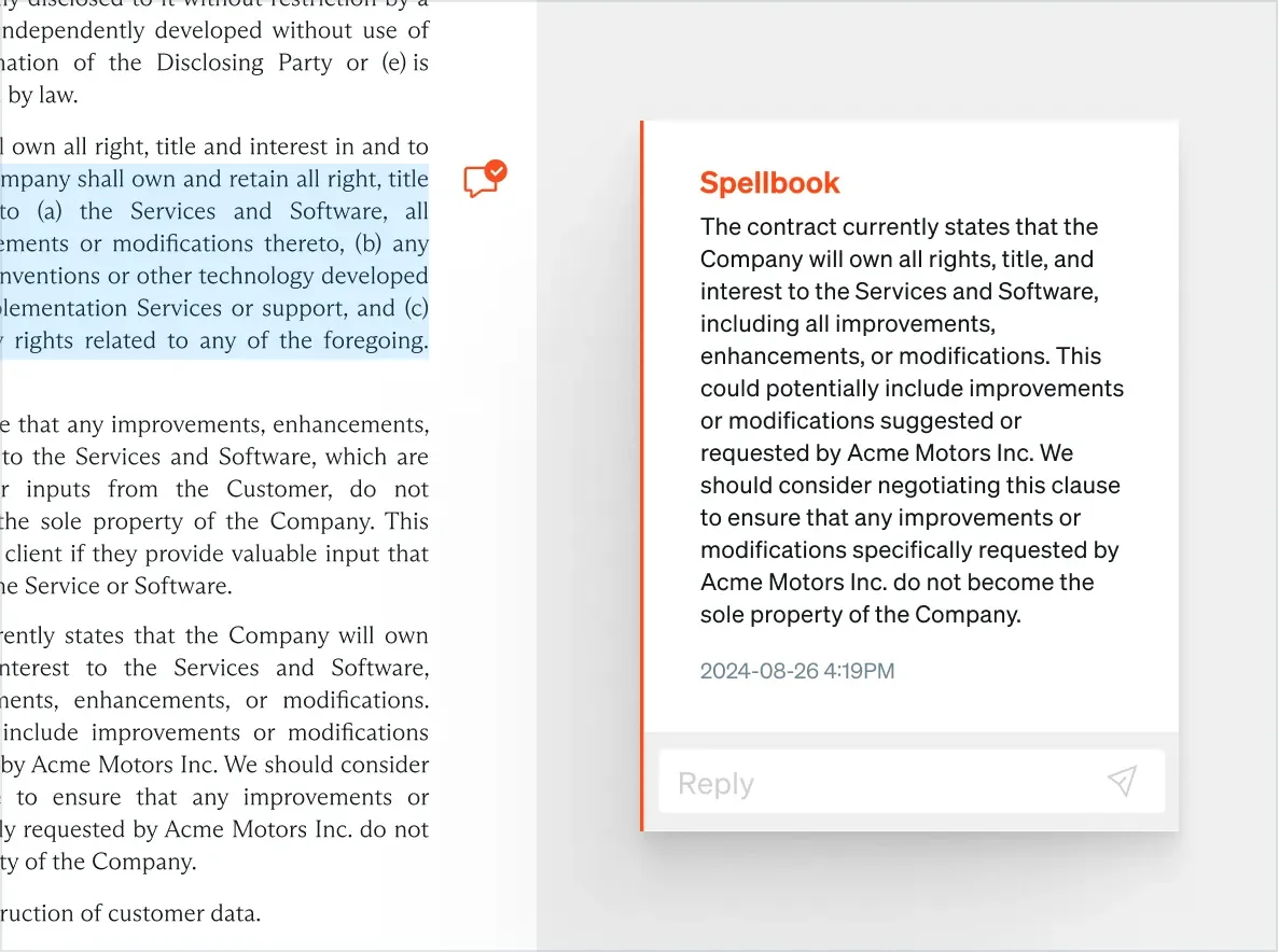 Spellbook workspace showing AI analysis of a legal contract clause with a clean document viewer and side panel.