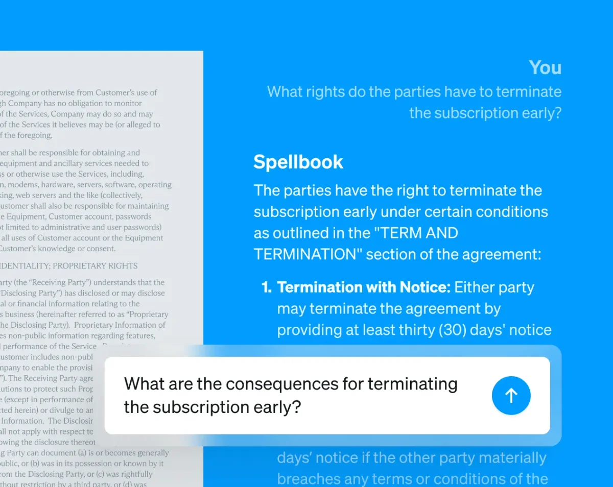 Spellbook AI legal assistant answering a user's question about early subscription termination from a document in a clean conversational UI.