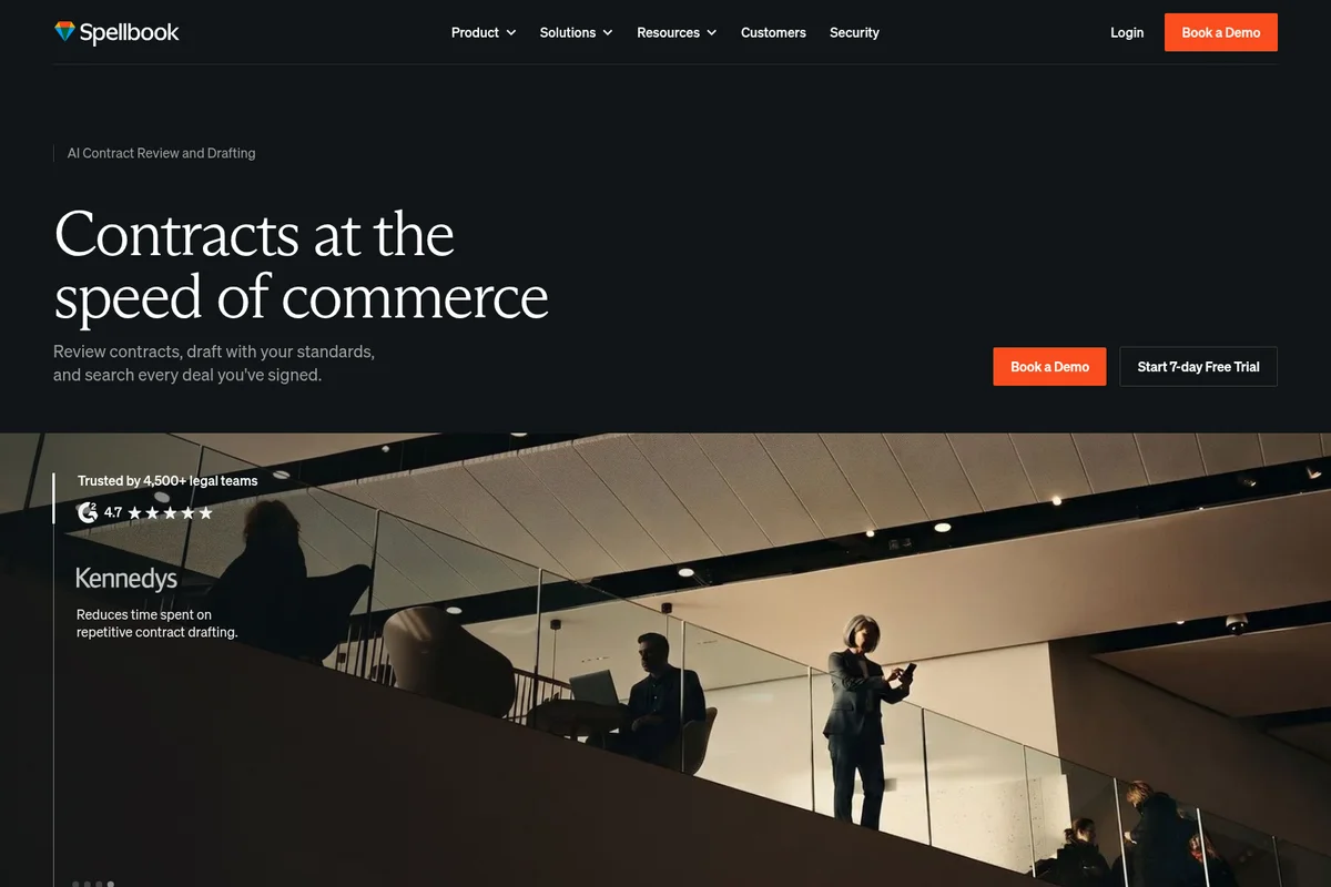 Spellbook homepage featuring AI contract review and drafting details against a modern dark-themed background with professionals in an office setting.