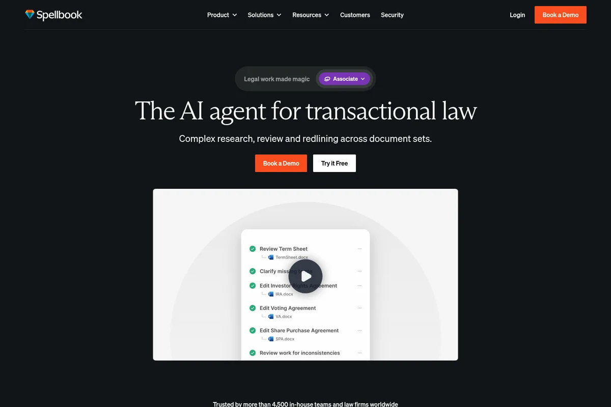Spellbook workspace UI showing AI-powered legal document review and editing tasks in a modern dark theme.