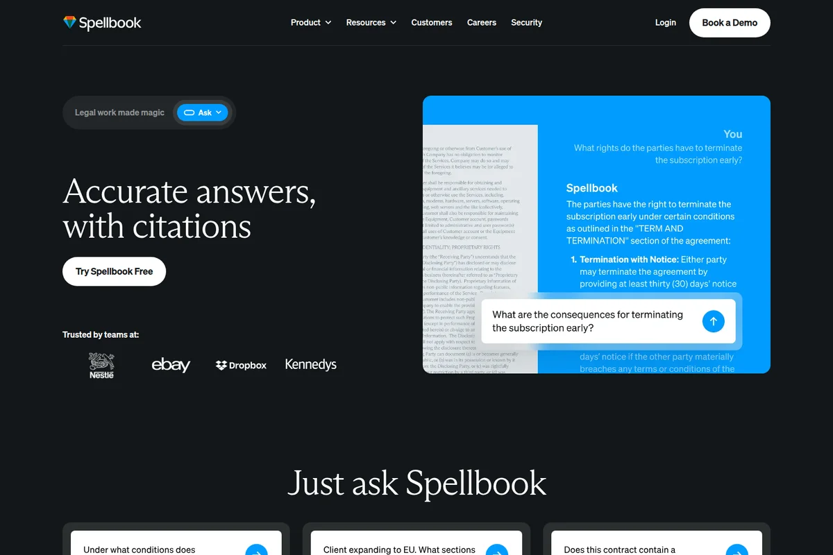 Spellbook legal AI workspace showing a user asking questions about a document, receiving cited answers, in a modern dark-mode interface.
