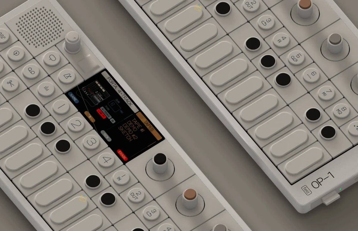 Spline 3D render output showing a detailed, photorealistic Teenage Engineering OP-1 Field synthesizer with a minimalist design.
