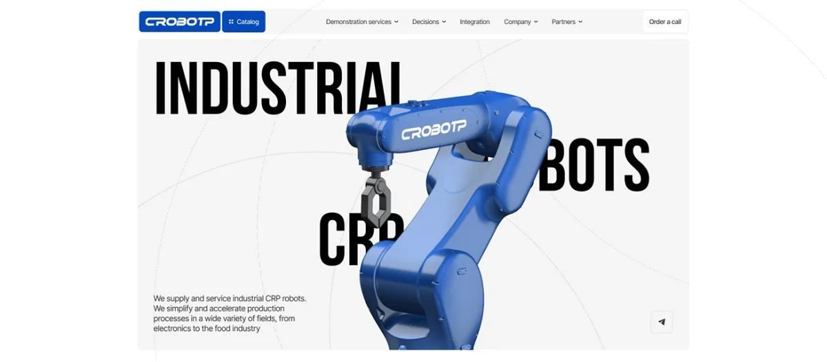 CROBOTP landing page hero showcasing a blue industrial robot arm with a gripper attachment on a clean white background.