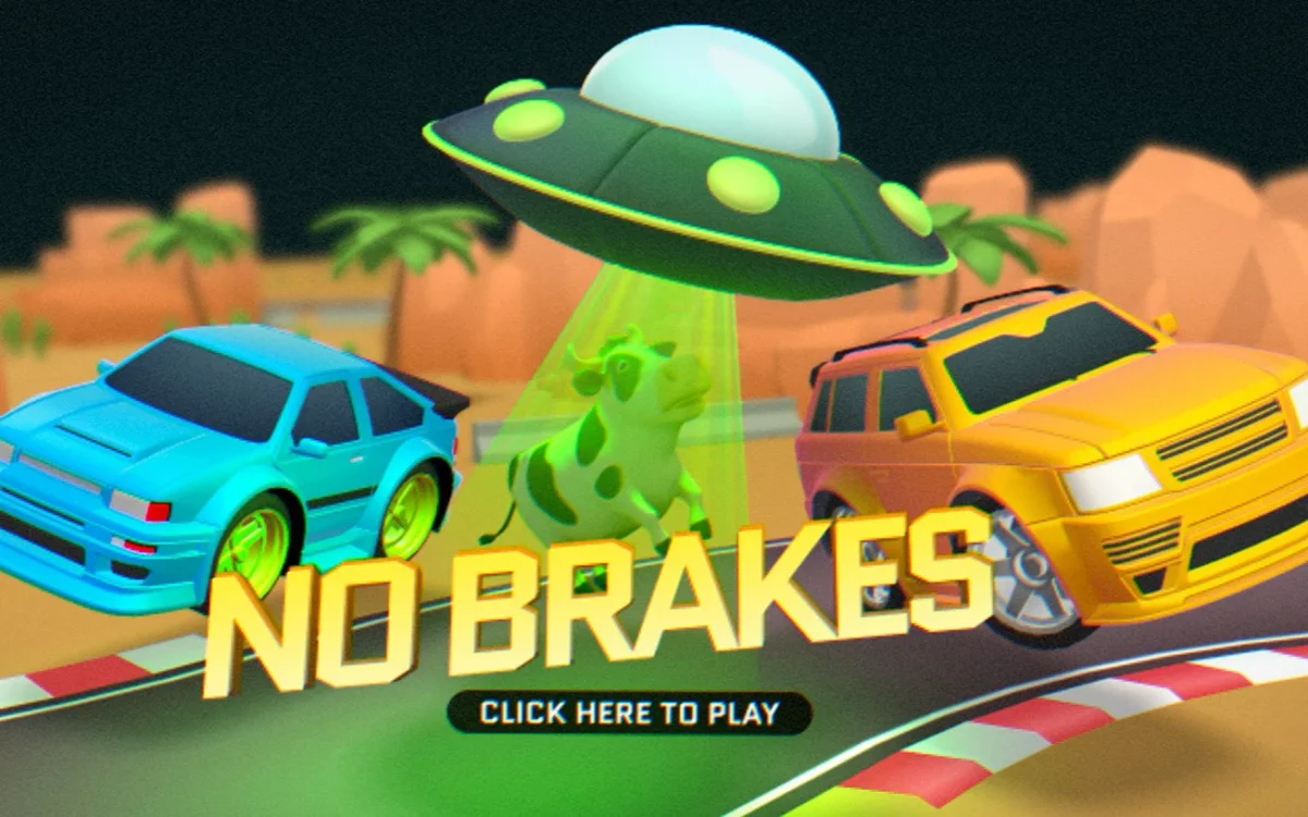 No Brakes game splash screen displaying cartoon 3D cars racing on a desert track with a UFO abducting a green cow, featuring vibrant graphics and a play button.