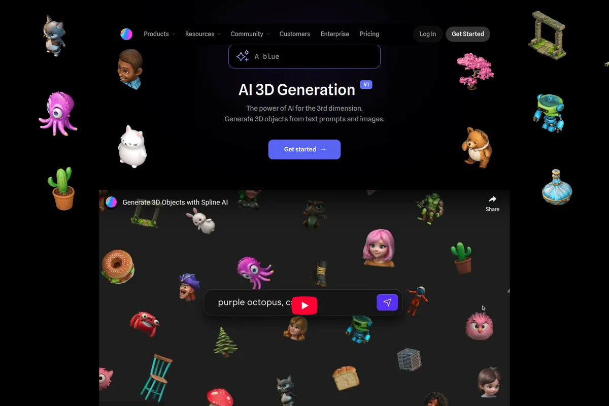 Spline AI feature page showcasing AI 3D object generation with a text prompt input and numerous animated 3D examples on a dark interface.