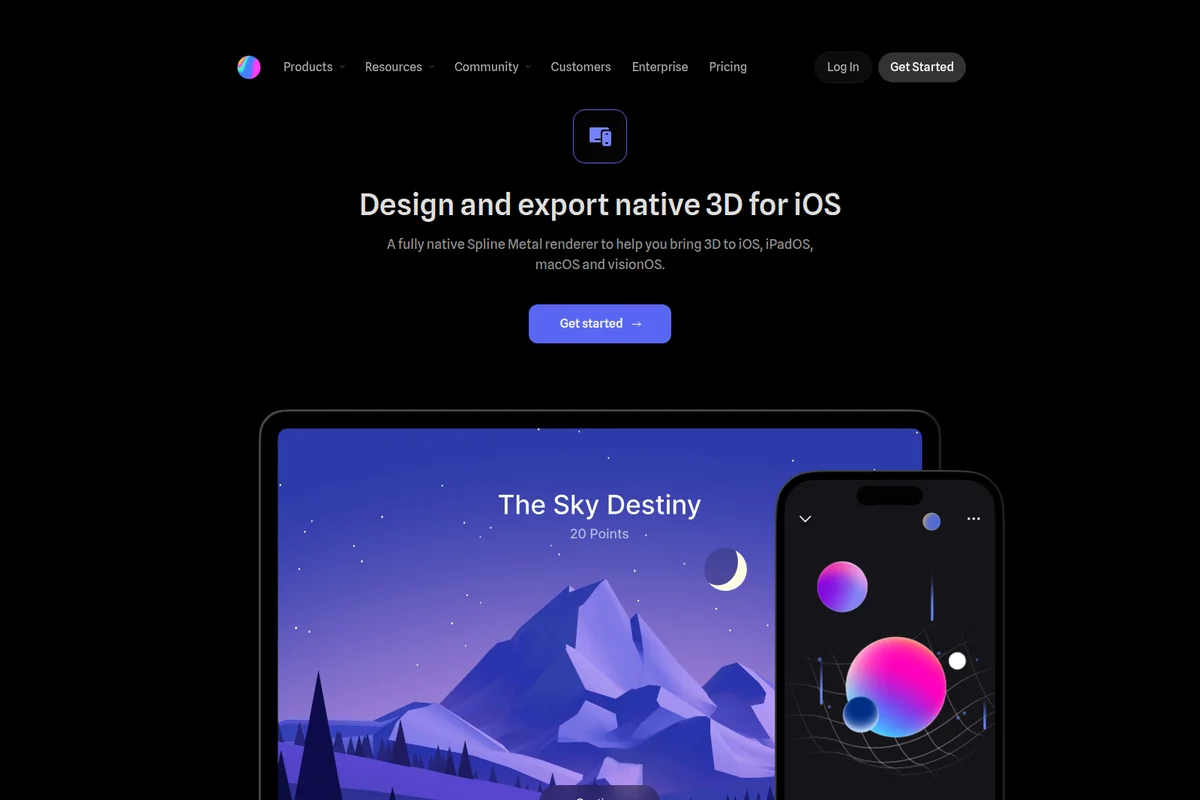 Spline 3D export page featuring native 3D content on an iPad and iPhone, showcasing a vibrant dark-mode aesthetic.