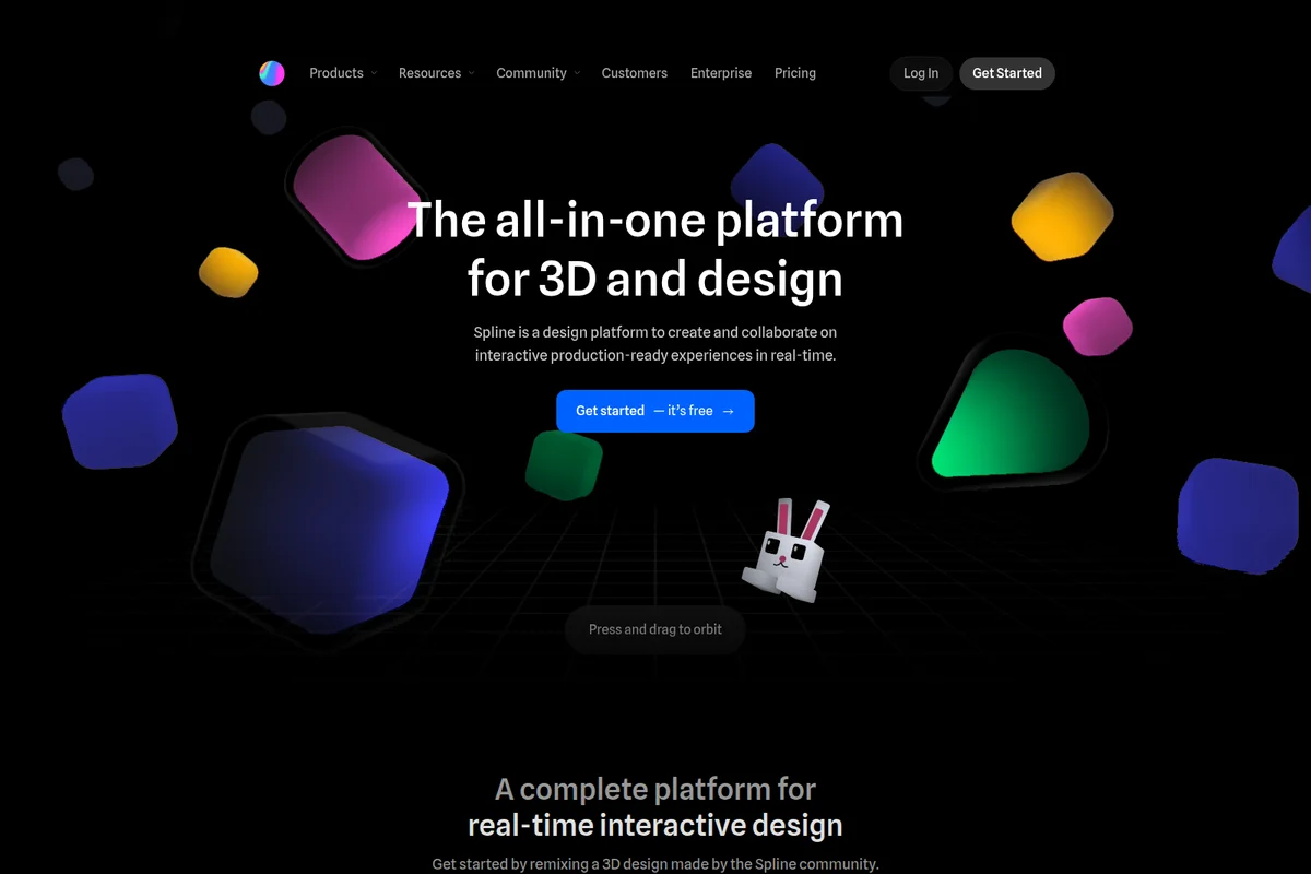 Spline homepage hero section showcasing interactive 3D design capabilities with colorful floating objects and a voxel bunny.