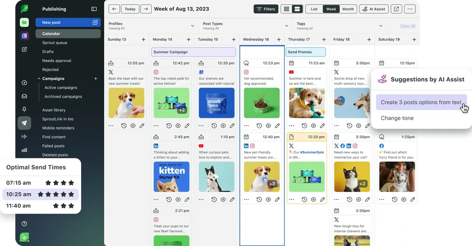 Sprout Social publishing calendar with AI Assist content suggestions and optimal send times, in a modern UI.