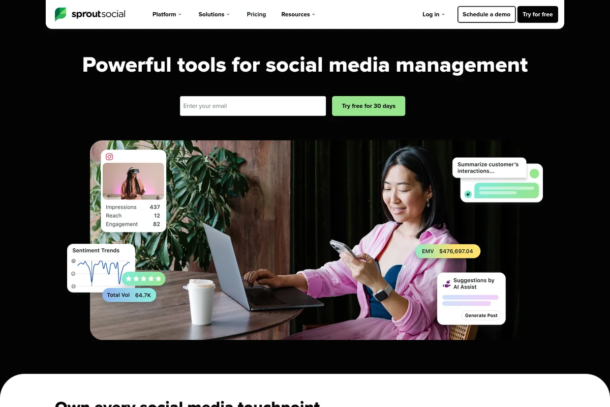 Sprout Social feature deep-dive showing social media analytics, sentiment trends, and AI suggestions with a clean, modern interface.