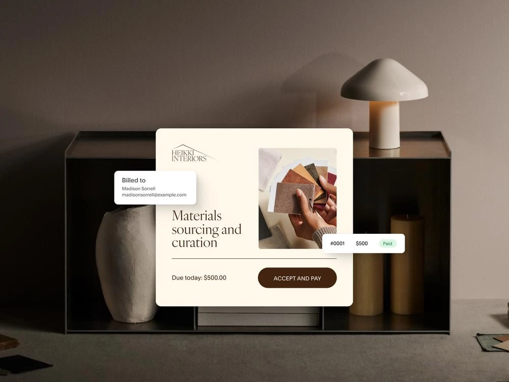 Squarespace client proposal for 'Materials sourcing and curation' showing billed details and paid status.