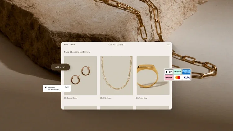 Squarespace output showing a modern e-commerce jewelry store with a clean, light-themed design.
