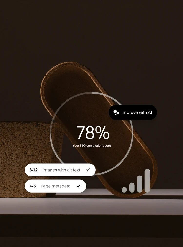 Squarespace SEO score interface showing 78% completion, 'Improve with AI' option, and alt text/metadata progress.