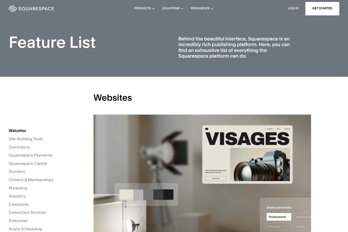 Squarespace feature page showcasing a modern professional website design example with a clean interface.