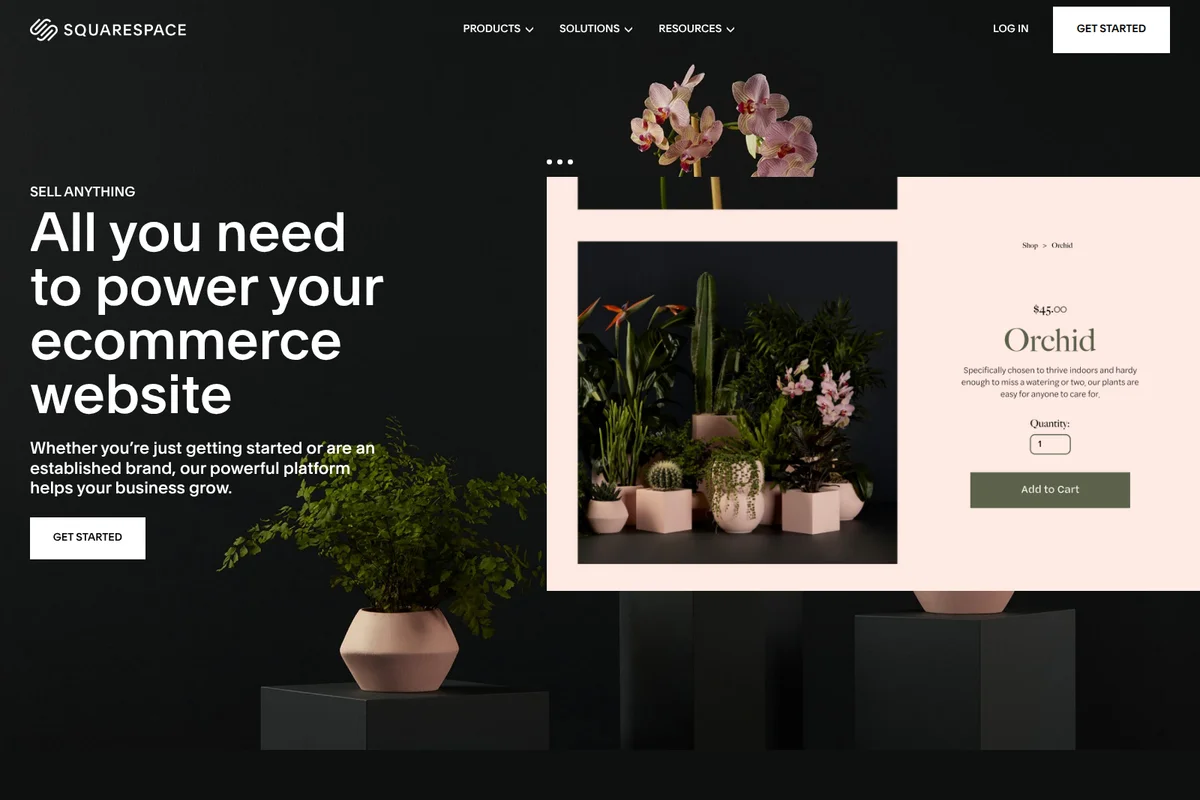 Squarespace landing page showing a modern dark-themed online plant store with an orchid product detail page