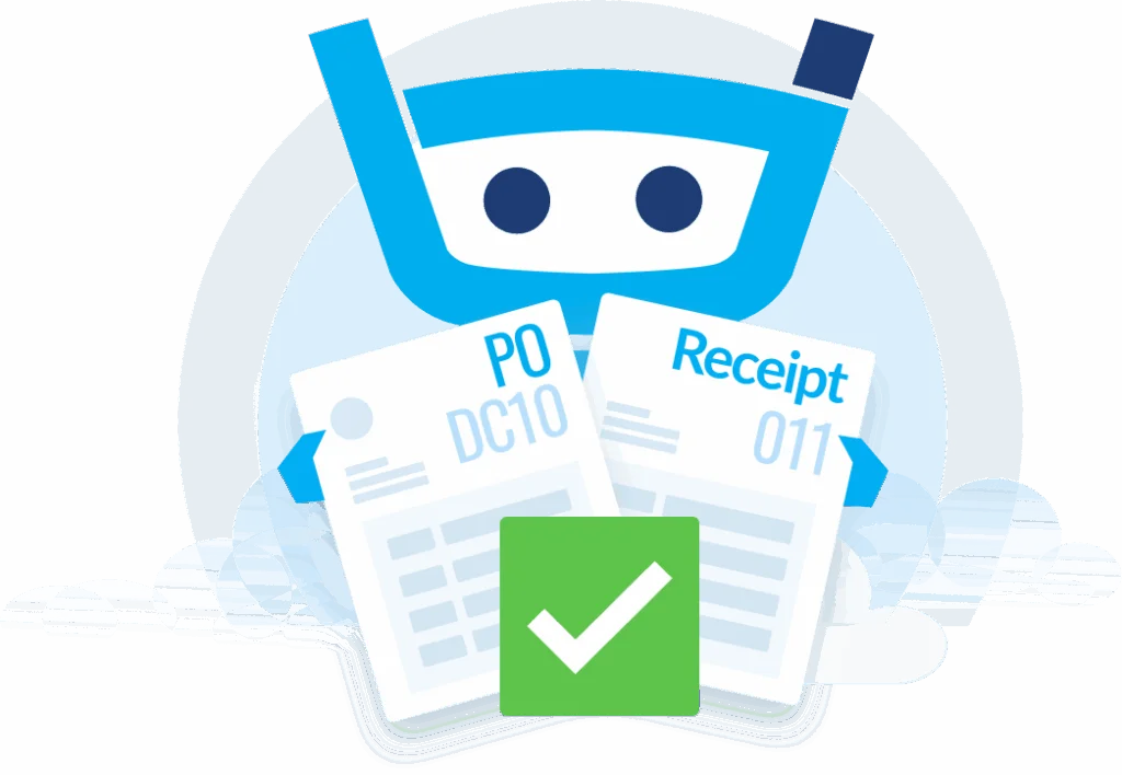 Stampli document matching feature showing a friendly blue robot verifying a Purchase Order and Receipt with a checkmark graphic.