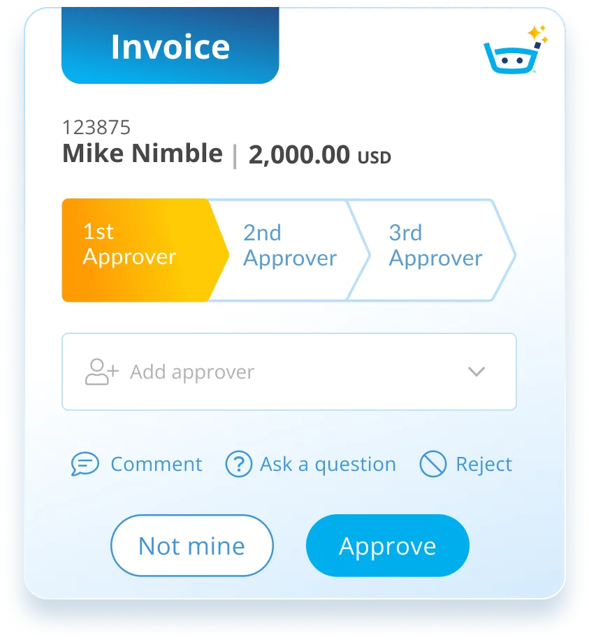 Stampli invoice approval workflow showing a multi-step process for a $2,000 invoice, with the first approver highlighted in a clean UI.