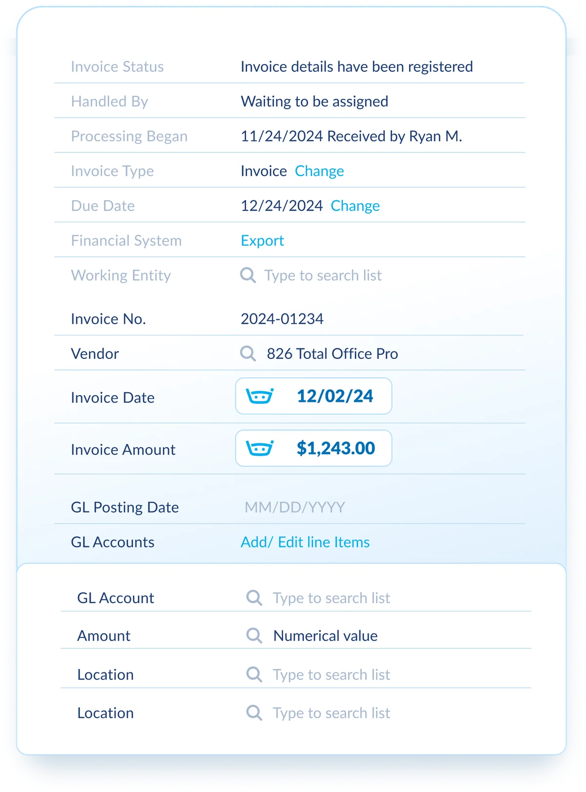 Stampli workspace-ui showing invoice details being reviewed with a clean light-theme interface.