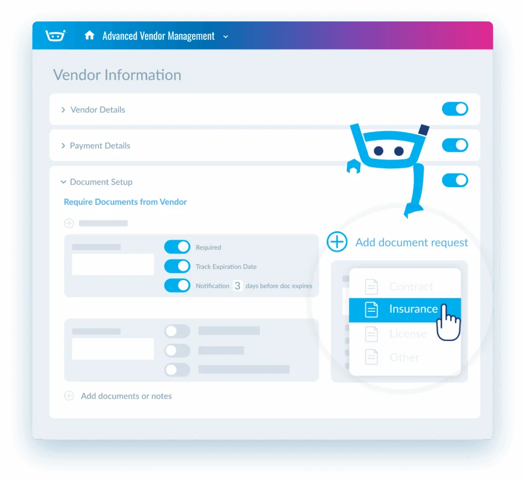 Stampli Advanced Vendor Management UI showing document setup with a hand selecting 'Insurance' from an 'Add document request' dropdown menu.