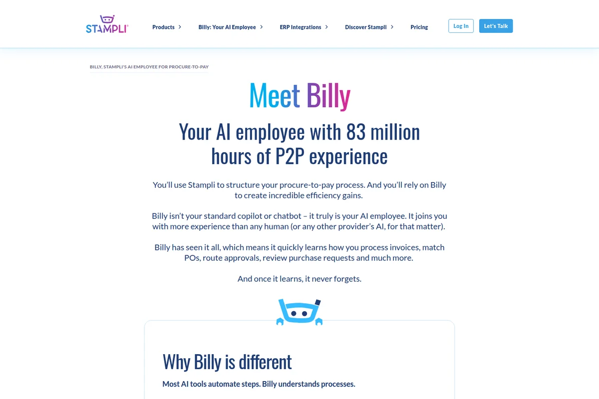 Stampli's 'Meet Billy' page, showcasing their AI employee with 83 million hours of P2P experience and a modern interface.