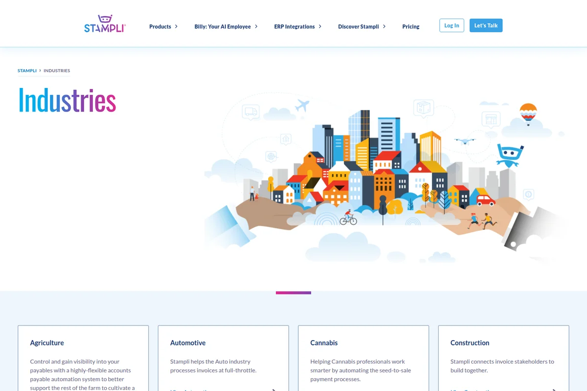 Stampli Industries page showing a vibrant city illustration held in a hand, representing diverse industry applications with a clean, modern design.