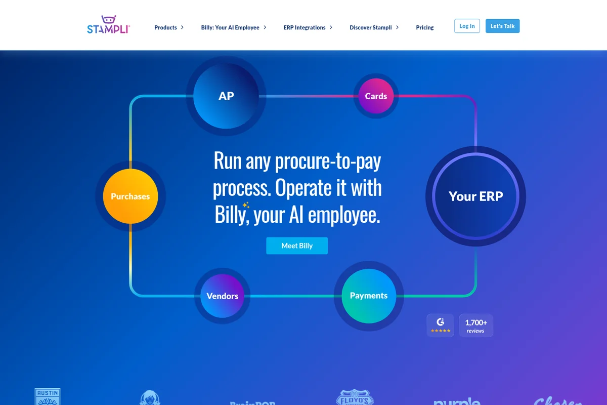 Stampli homepage hero visual showing a procure-to-pay process flow diagram integrated with an AI employee, set against a modern blue-purple gradient.