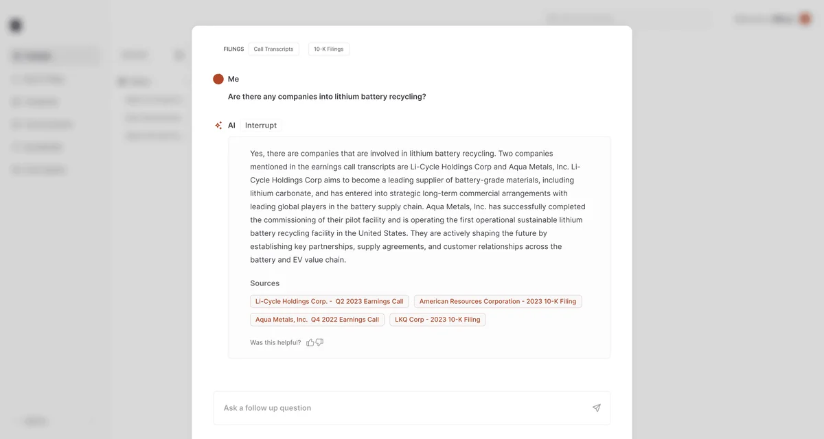 stockinsights-ai AI workspace showing financial insights query and detailed response with sources in a clean, light-theme UI.