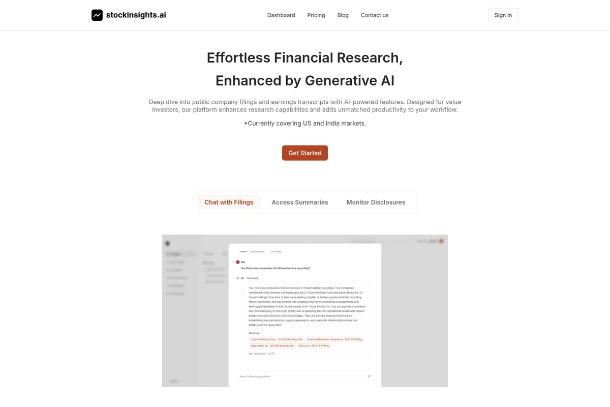 stockinsights.ai feature deep-dive showing AI chat with financial filings and earnings transcripts in a clean white interface