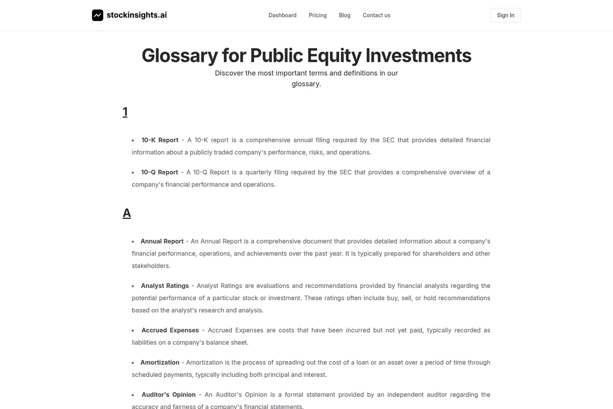 Stockinsights.ai glossary page displaying essential public equity investment terms and definitions.