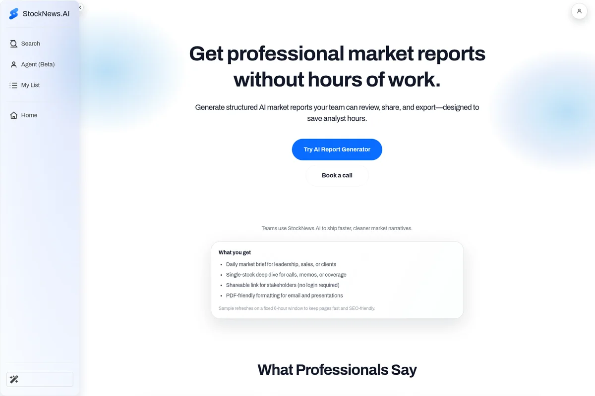 StockNews.AI homepage showcasing the AI report generator's value proposition with a clean light-mode interface