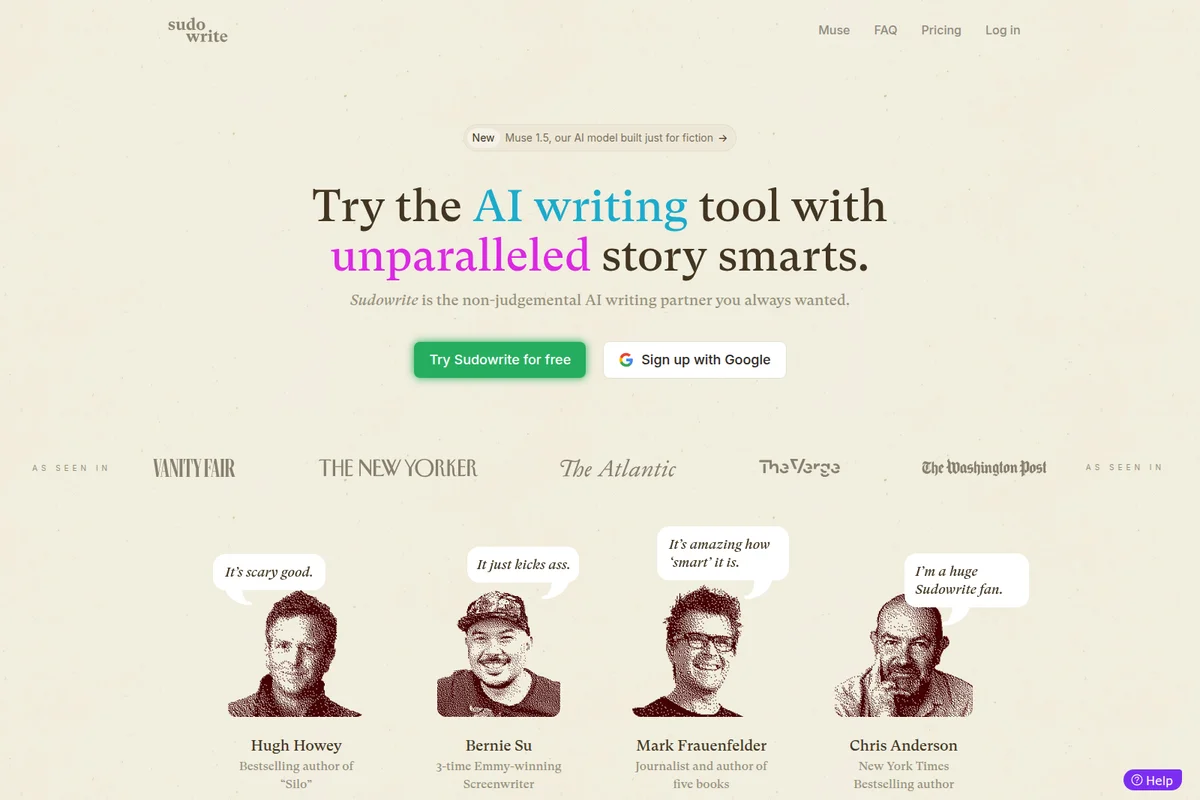 Sudowrite homepage showing the AI writing tool's value proposition and author testimonials with a clean, professional design.