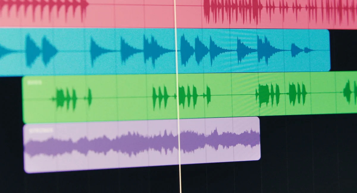 Suno Digital Audio Workstation interface displaying colorful audio waveforms across multiple tracks with a central playhead.
