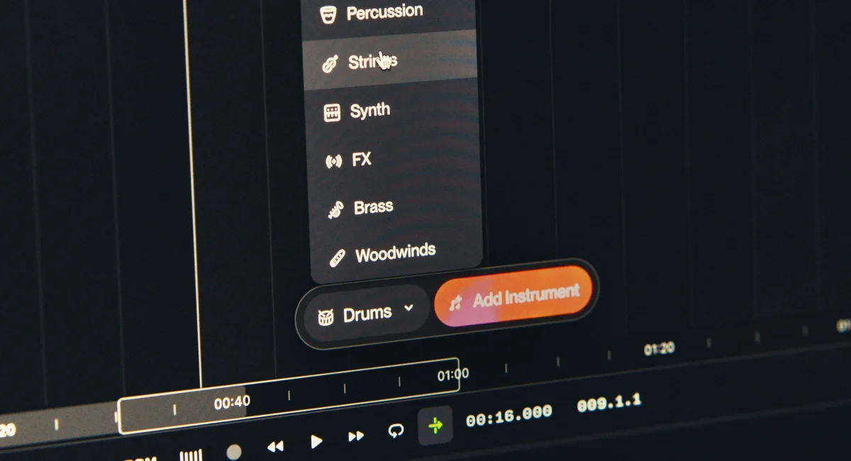 Suno music creation workspace showing an instrument selection menu with a dark-mode interface.