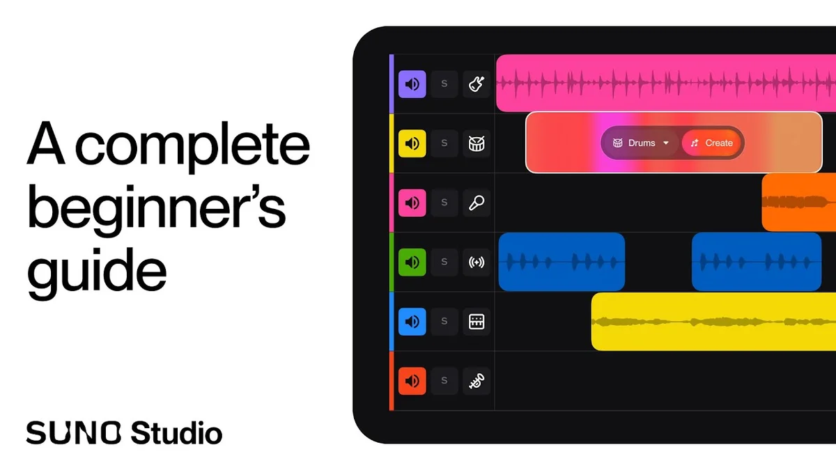 Suno Studio workspace showing music creation tracks and a 'Create' button for drums, in a modern dark theme.