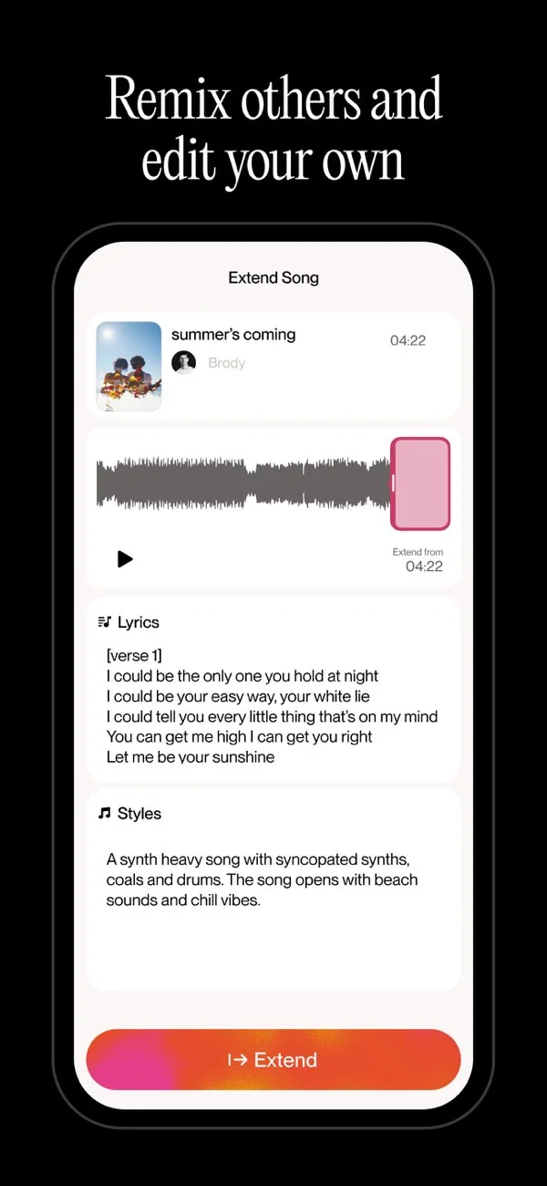 Suno mobile app workspace showing the 'Extend Song' feature with a waveform, lyrics, and style description in a dark-themed interface.