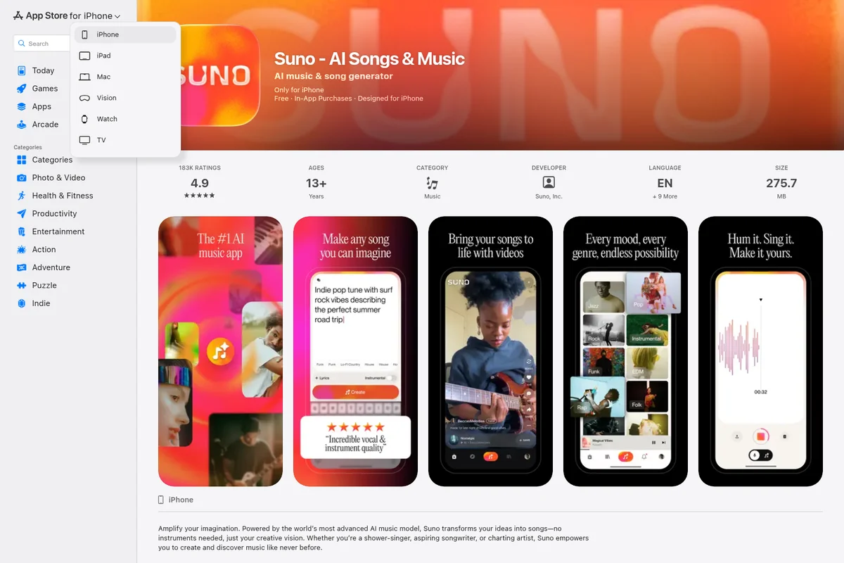 App Store page for Suno showing AI music and song generation features with vibrant in-app screenshots.