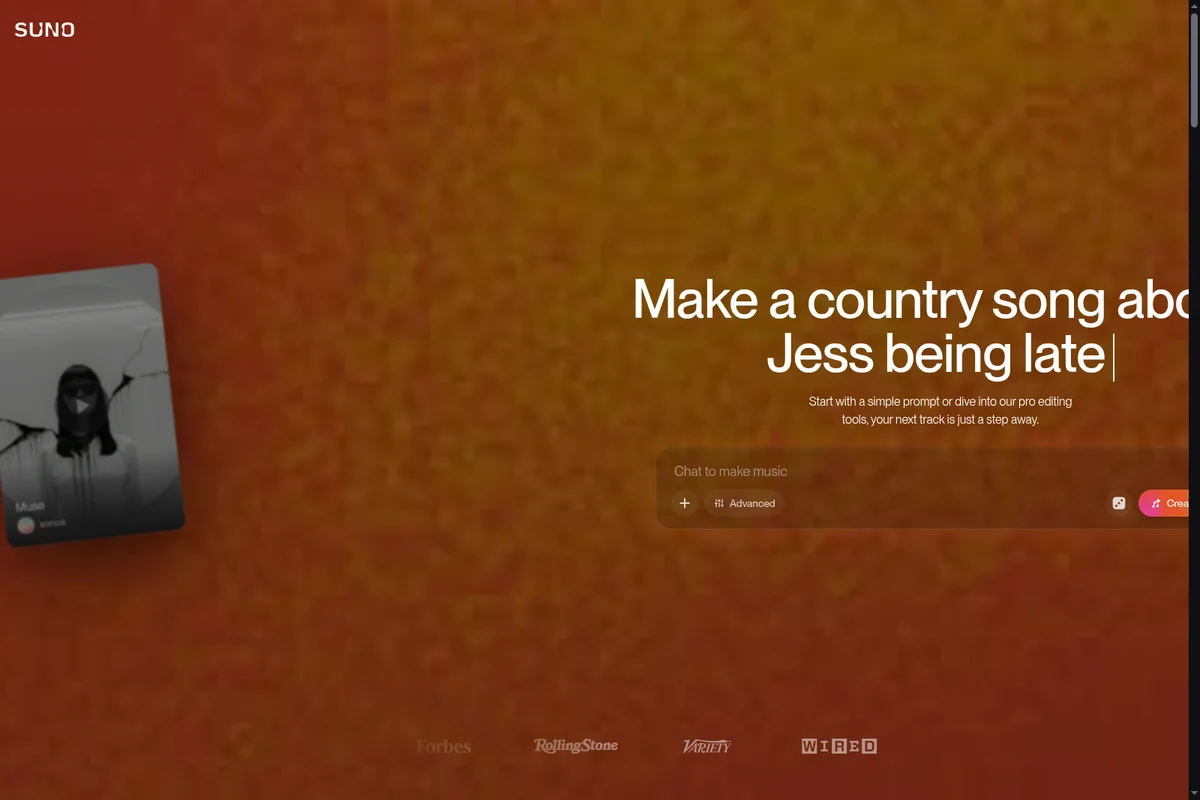 Suno music generation workspace showing a prompt input field and a headline for creating a country song about Jess being late, set against a dark textured background.