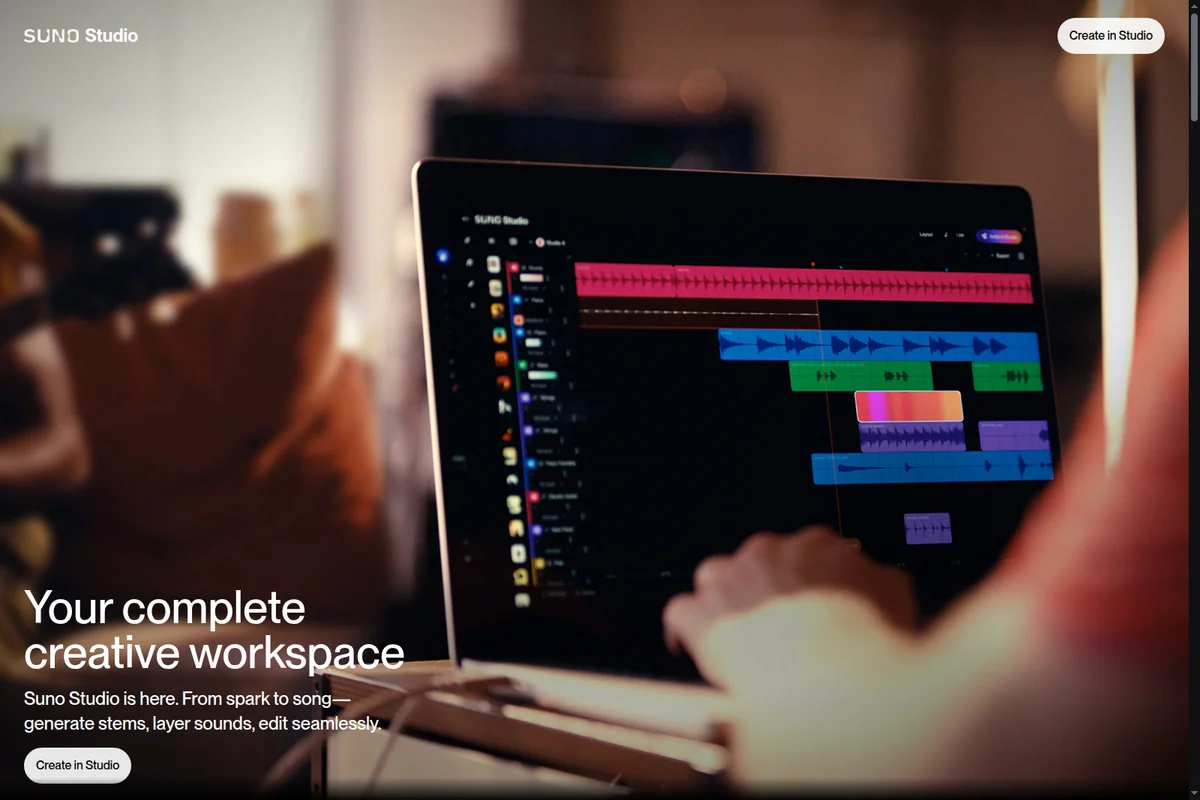Suno Studio music creation workspace showing multi-track audio editing on a modern dark-mode interface.