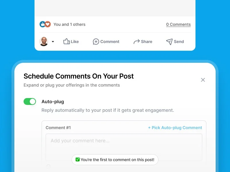 Supergrow feature deep-dive showing scheduling automated comments with an auto-plug feature in a clean, modern interface.