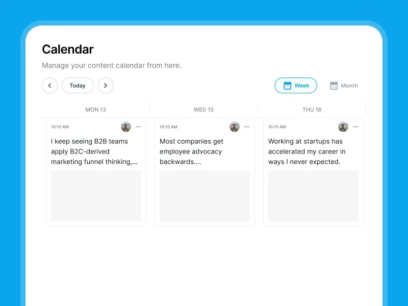 Supergrow content calendar showing scheduled social media posts and planning across multiple days in a clean, light interface.