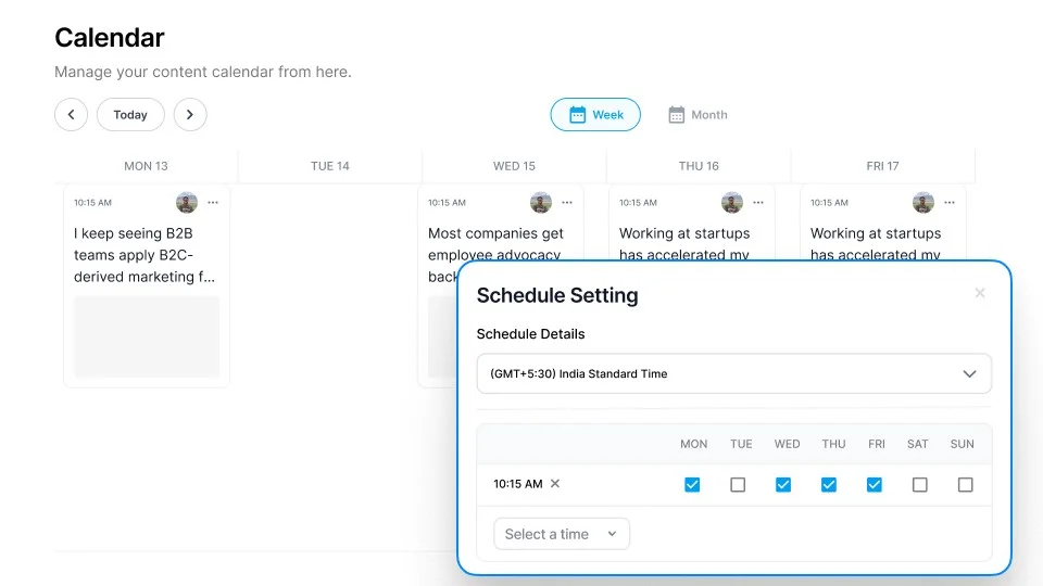 Supergrow content calendar showing daily scheduled posts with a 'Schedule Setting' modal overlaid on a clean, modern interface.