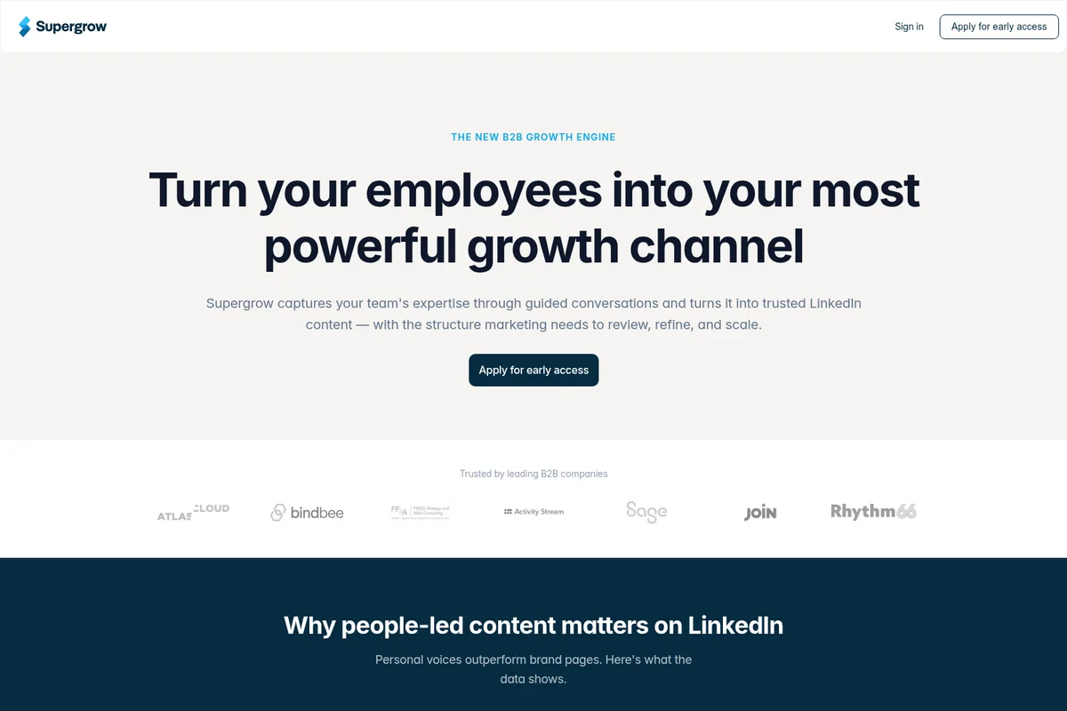 Supergrow landing page hero highlighting employee advocacy as a powerful B2B growth engine with a modern, clean design.