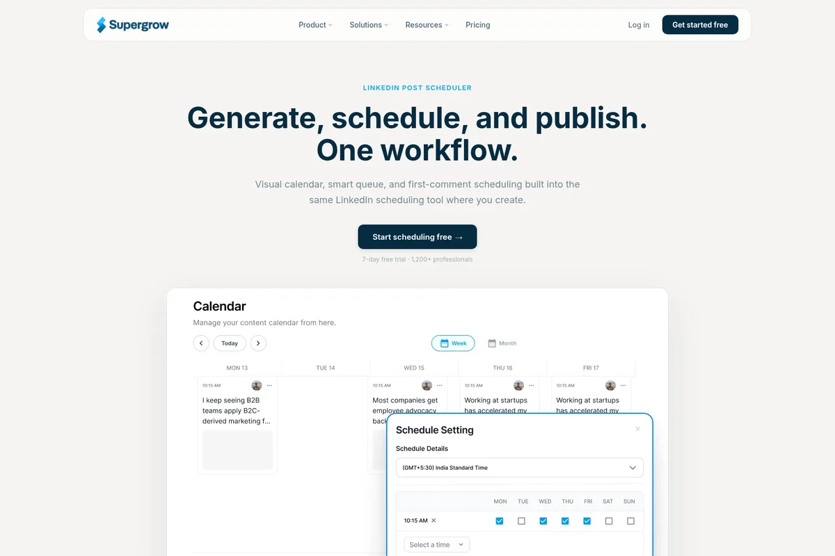 Supergrow LinkedIn Post Scheduler showing a content calendar and schedule setting modal with a clean, modern interface.