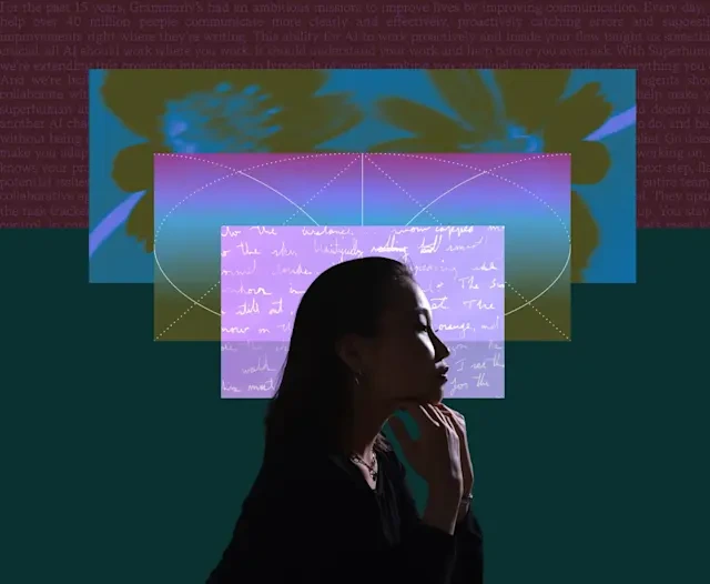 Grammarly Superhuman marketing graphic depicting AI-powered writing assistance with layered abstract elements and a thoughtful silhouette.