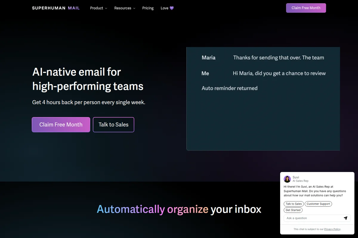 Superhuman Mail landing page highlighting AI-native email benefits and a simulated AI conversation in a dark-mode interface.