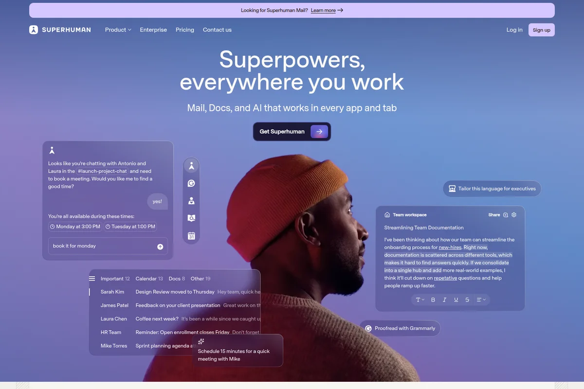 Superhuman AI workspace showing assistant scheduling meetings, managing tasks, and editing documents with a modern glassmorphism interface.
