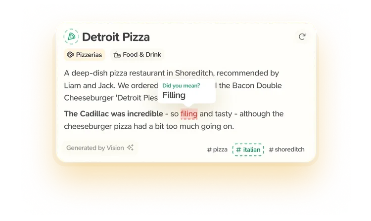 Supernotes note-taking workspace showing an AI-generated pizza review with an active spelling suggestion in a clean, light-themed interface.