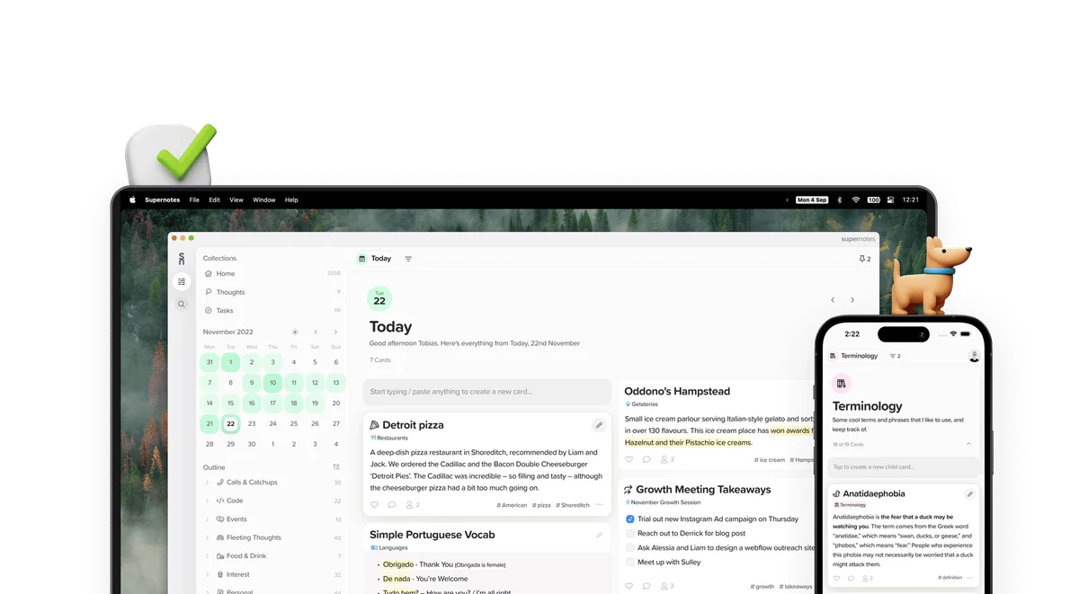 Supernotes workspace showing daily notes and calendar on a tablet, with a smartphone displaying a terminology note, in a modern, clean interface.